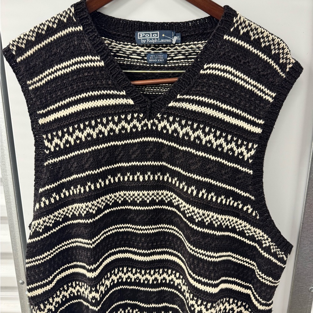 Vintage Polo Ralph Lauren Linen Blend Hand Knit Vest Brown Mens XL 90s Golf Prep